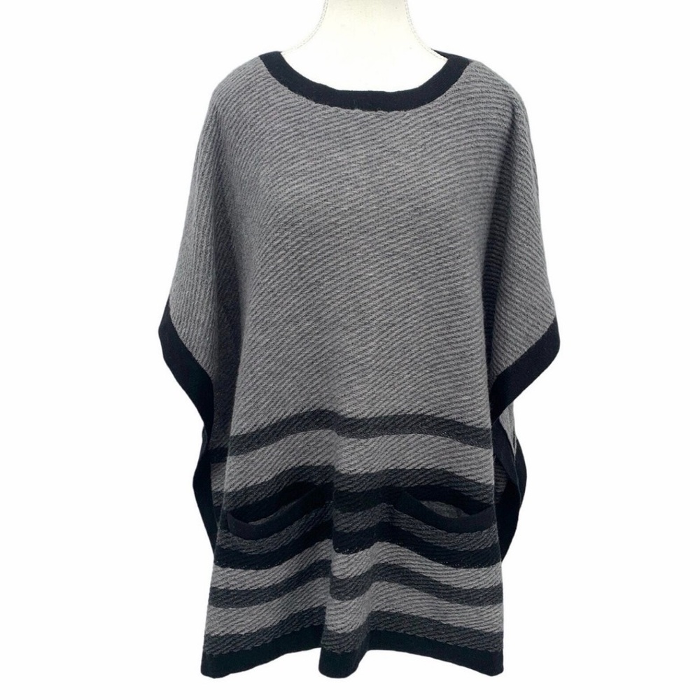 J. Jill Gray Black Striped Wool Blend Knit Poncho Sweater Wrap One Size Pockets